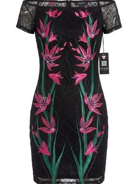 GUESS Black Lace Mini Dress with Pink Floral Embroidery